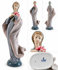 Porcelain Madonna figurine with pink flowers, gray veil dress, blue base