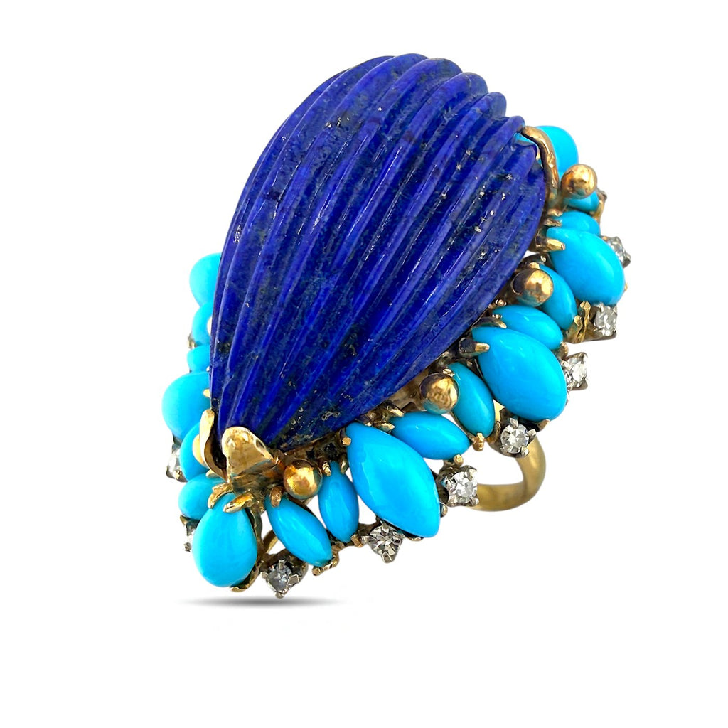 18K Yellow Gold Lapis Lazuli, Turquoise, and 0.27ct Diamond Cocktail Ring