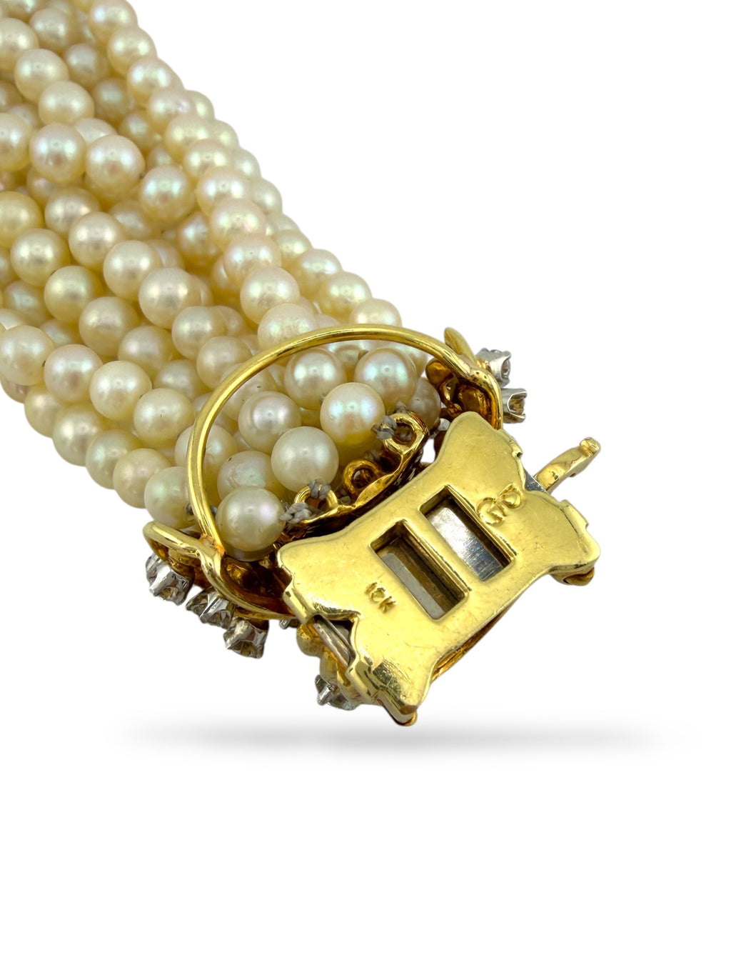 Antique 18K Yellow Gold Multi-Strand Pearl and 4.3ct Diamond Bracelet