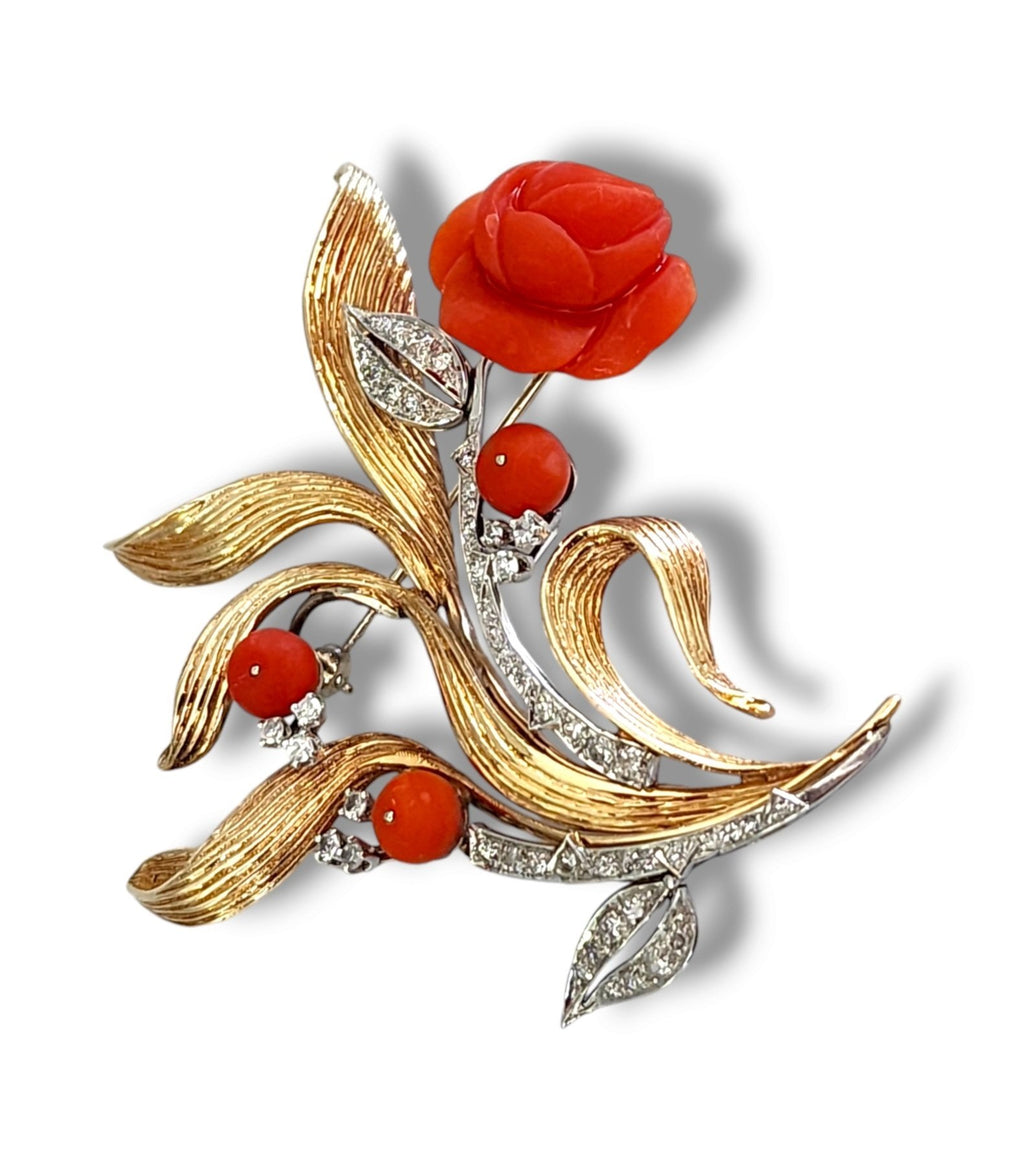 Rare 14K Gold and Diamond Rose Flower Brooch