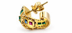 18K yellow gold hoop earrings with green, blue, pink, and white diamond accents