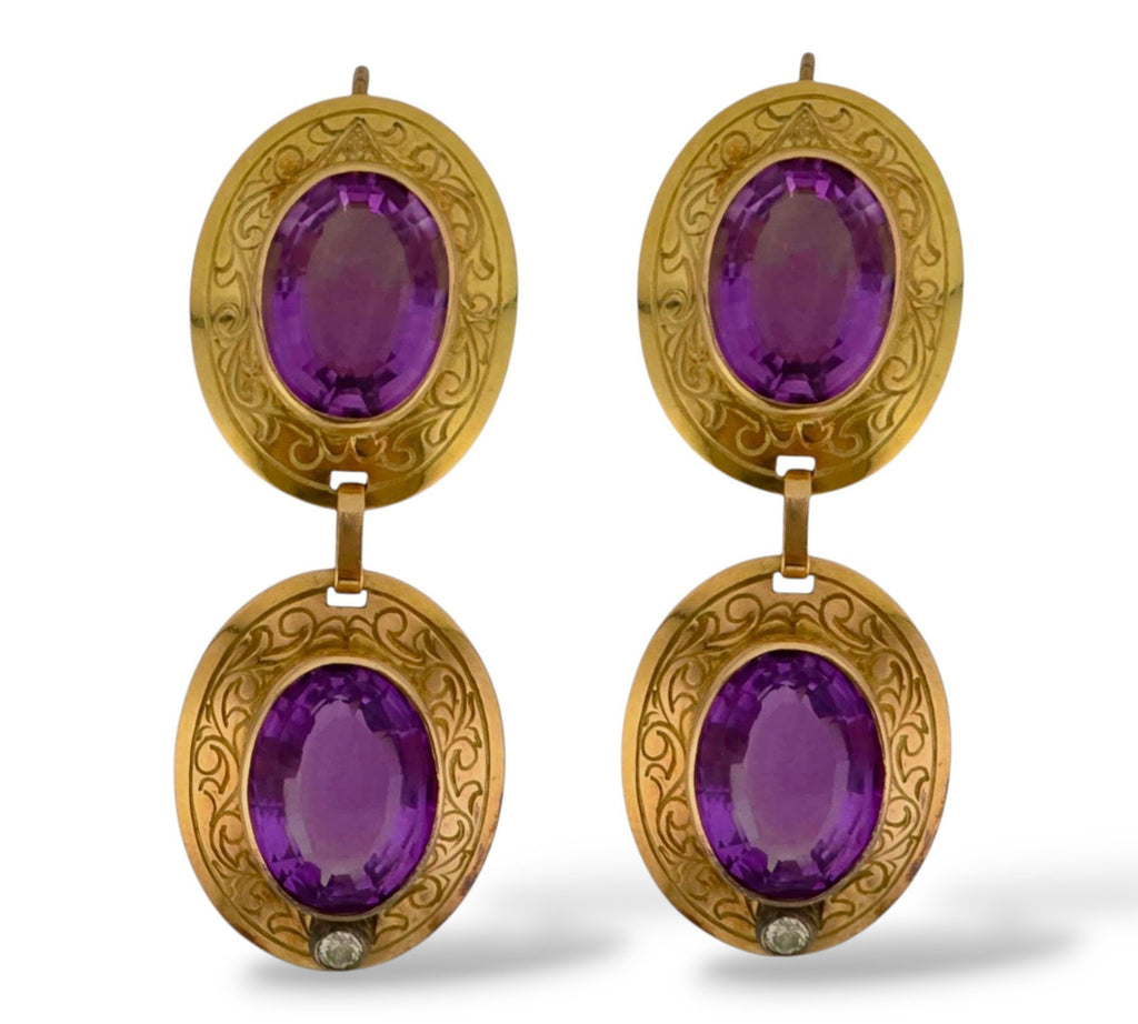 14K Gold Antique Diamond and Regal Amethyst Oval Earrings