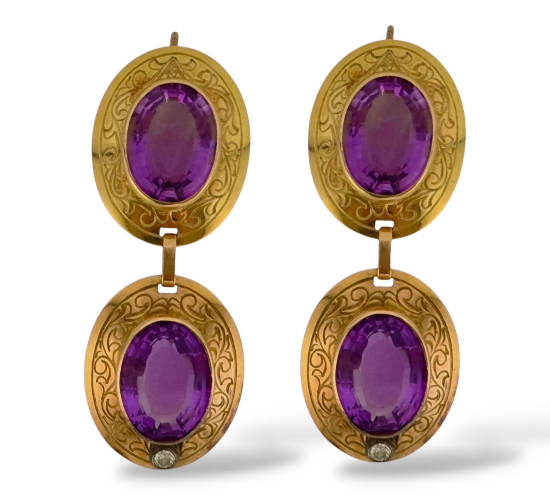 14K Gold Antique Diamond and Regal Amethyst Oval Earrings