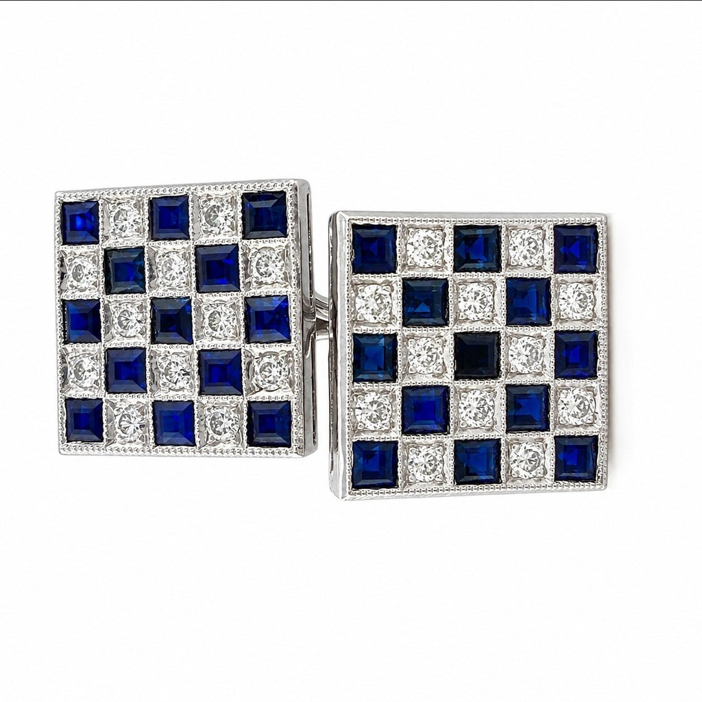 Square blue sapphire and diamond cufflinks with checkerboard pattern, silver-tone prongs