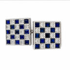 Square blue sapphire and diamond cufflinks with checkerboard pattern, silver-tone prongs