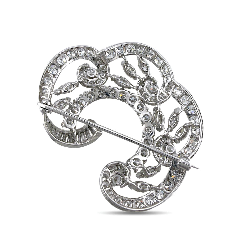 18K white gold diamond brooch back with ornate gallery and long safety pin.