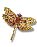 Vintage 18K Gold Dragonfly Brooch with Large Orange Sapphires and Diamonds