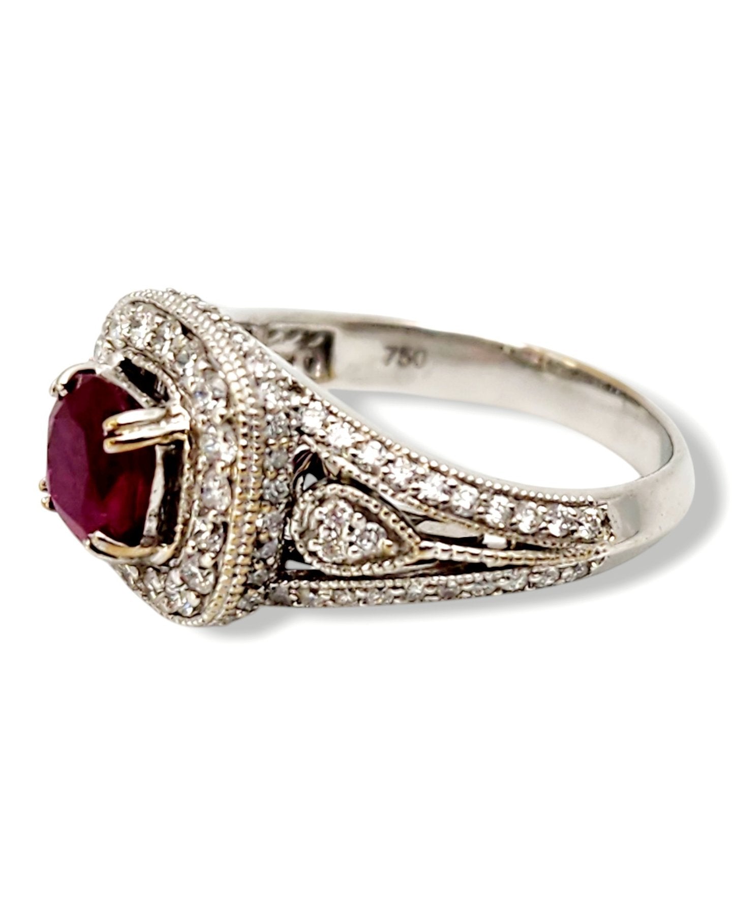 Ring - 18 kt. White gold, 18K Gold, Diamond & Deep Dark Red 1.0CT Ruby Art Deco Ring - 1.60ct. tw. Ruby - Diamond
