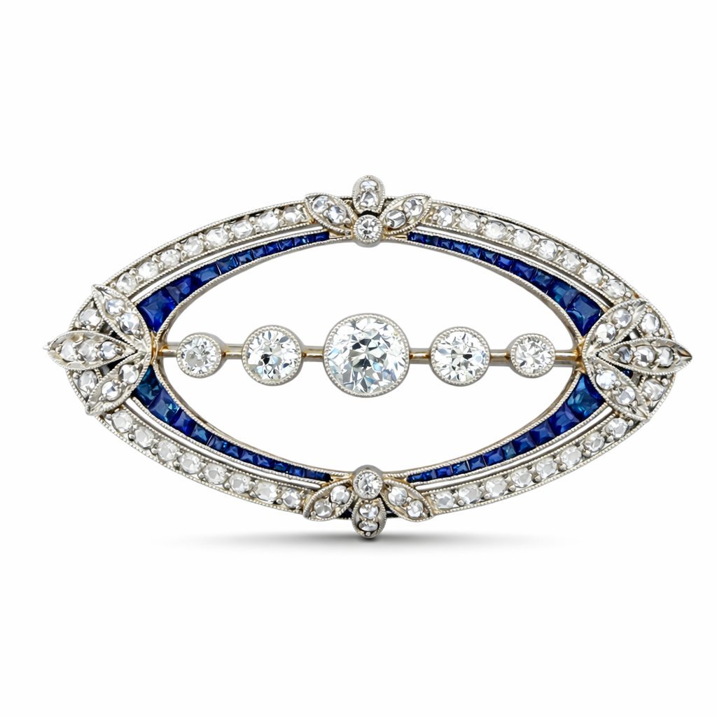 18K White Gold Art Deco 2.05ct Diamond and Sapphire Oval Brooch