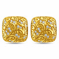 Yellow gold square stud earrings with swirl engraving and diamond accents