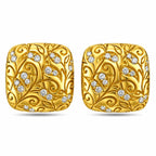 Yellow gold square stud earrings with swirl engraving and diamond accents