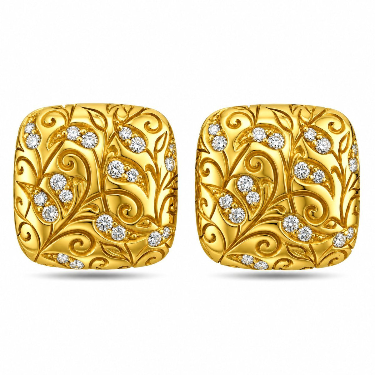 Yellow gold square stud earrings with swirl engraving and diamond accents