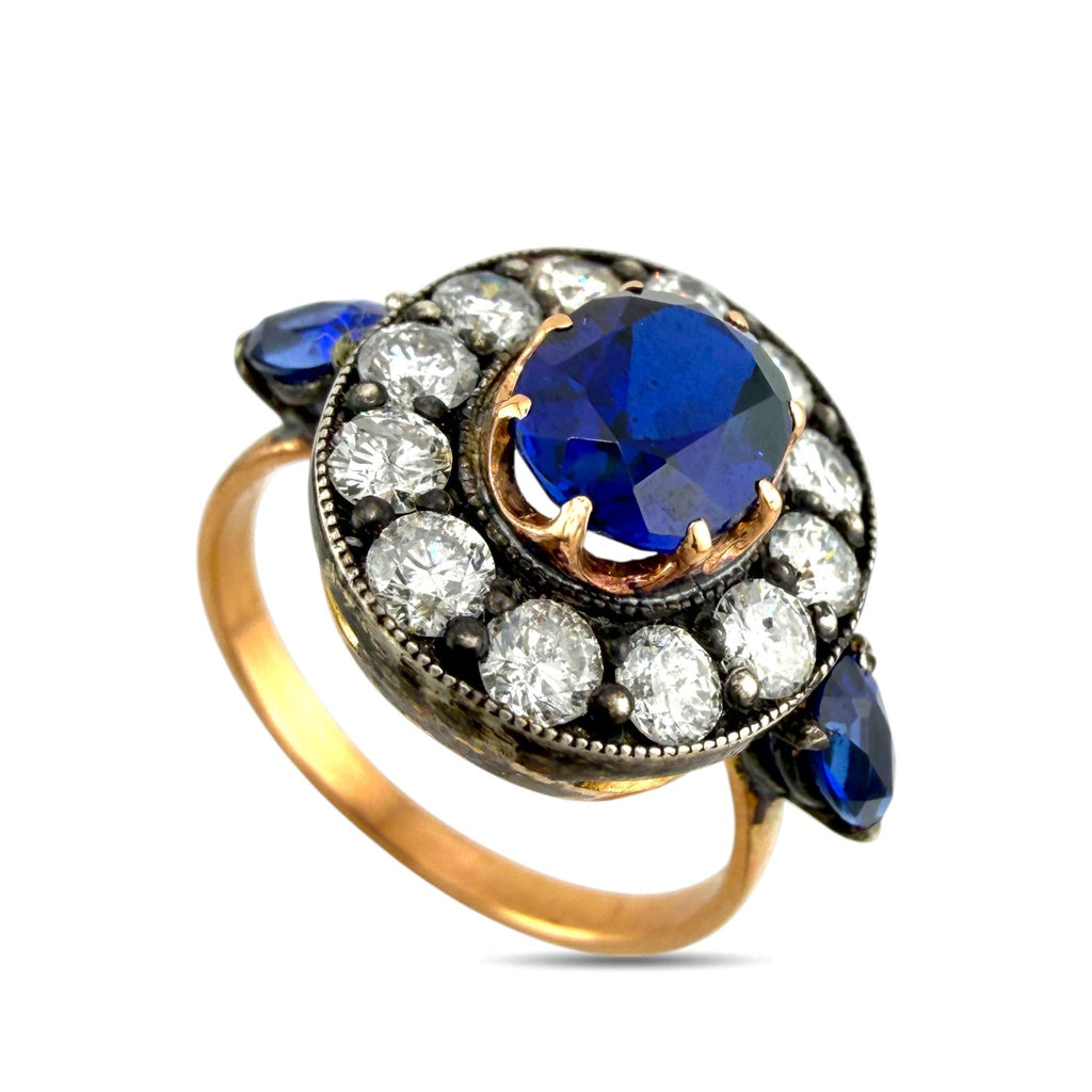 K. Faberge Imperial Russian 56K Rose Gold 1.00ct Diamond and 1.90ct Sapphire Ring
