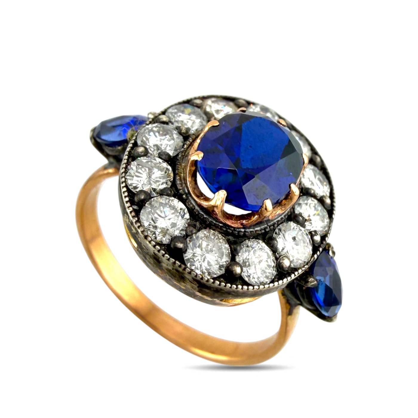 K. Faberge Imperial Russian 56K Rose Gold 1.00ct Diamond and 1.90ct Sapphire Ring
