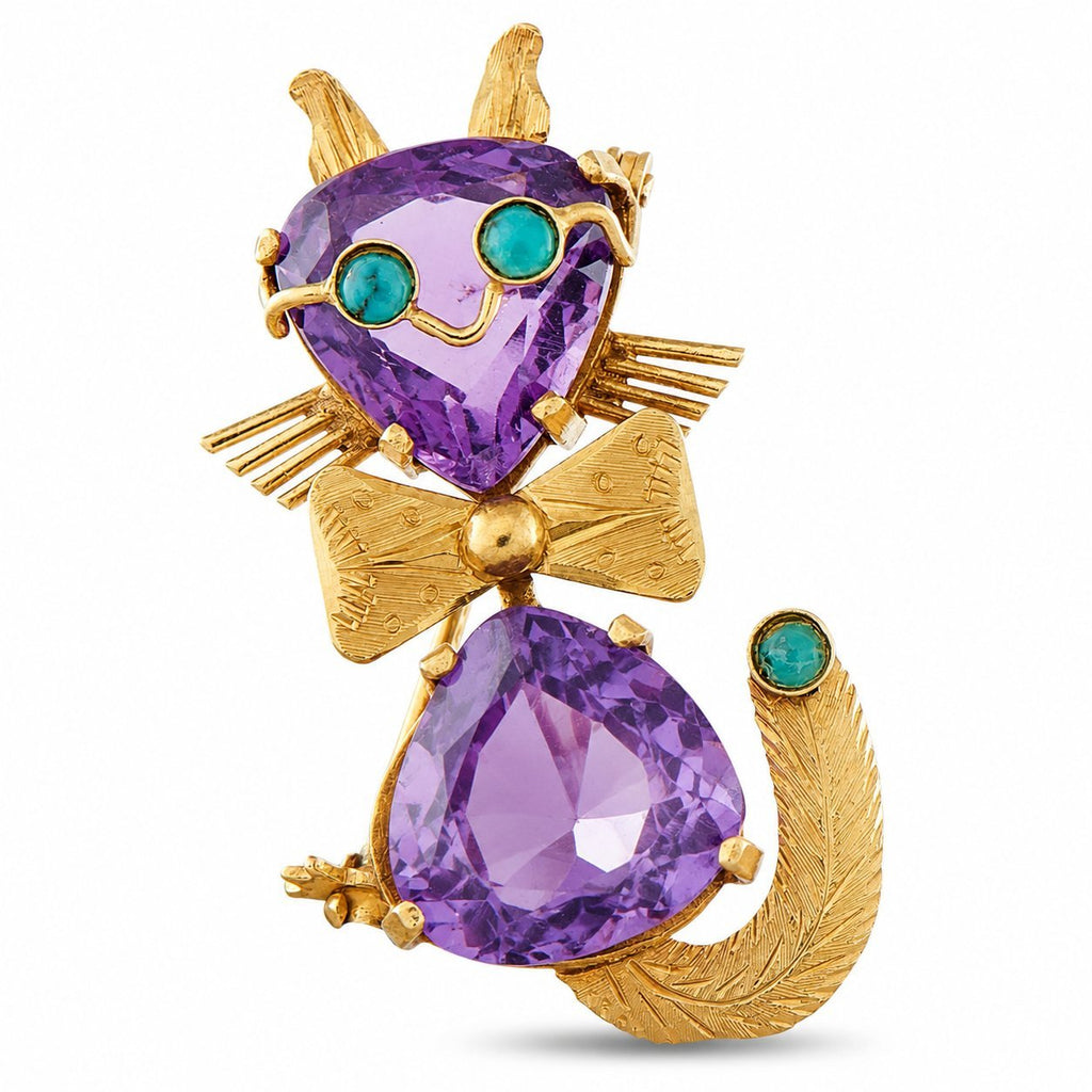 Gold cat brooch with purple amethyst heart stones and teal turquoise accents