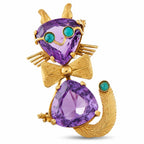 Gold cat brooch with purple amethyst heart stones and teal turquoise accents