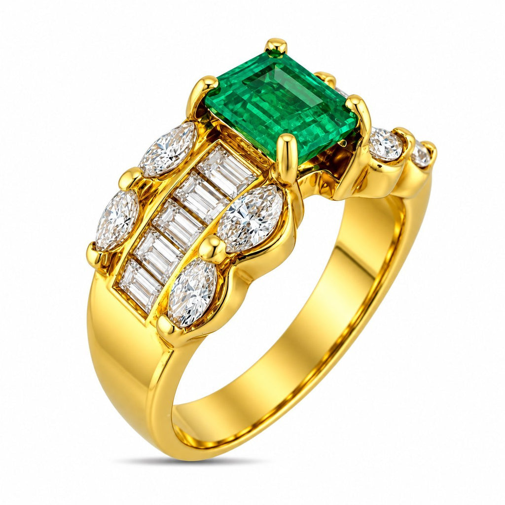 Yellow gold ring with large square green emerald and diamond cluster side stones