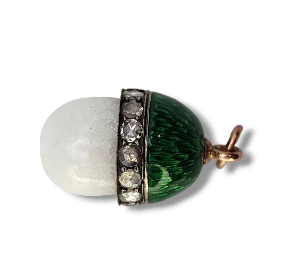 K. Faberge Imperial Russian 56k Gold Diamond and Green Enamel Egg Pendant
