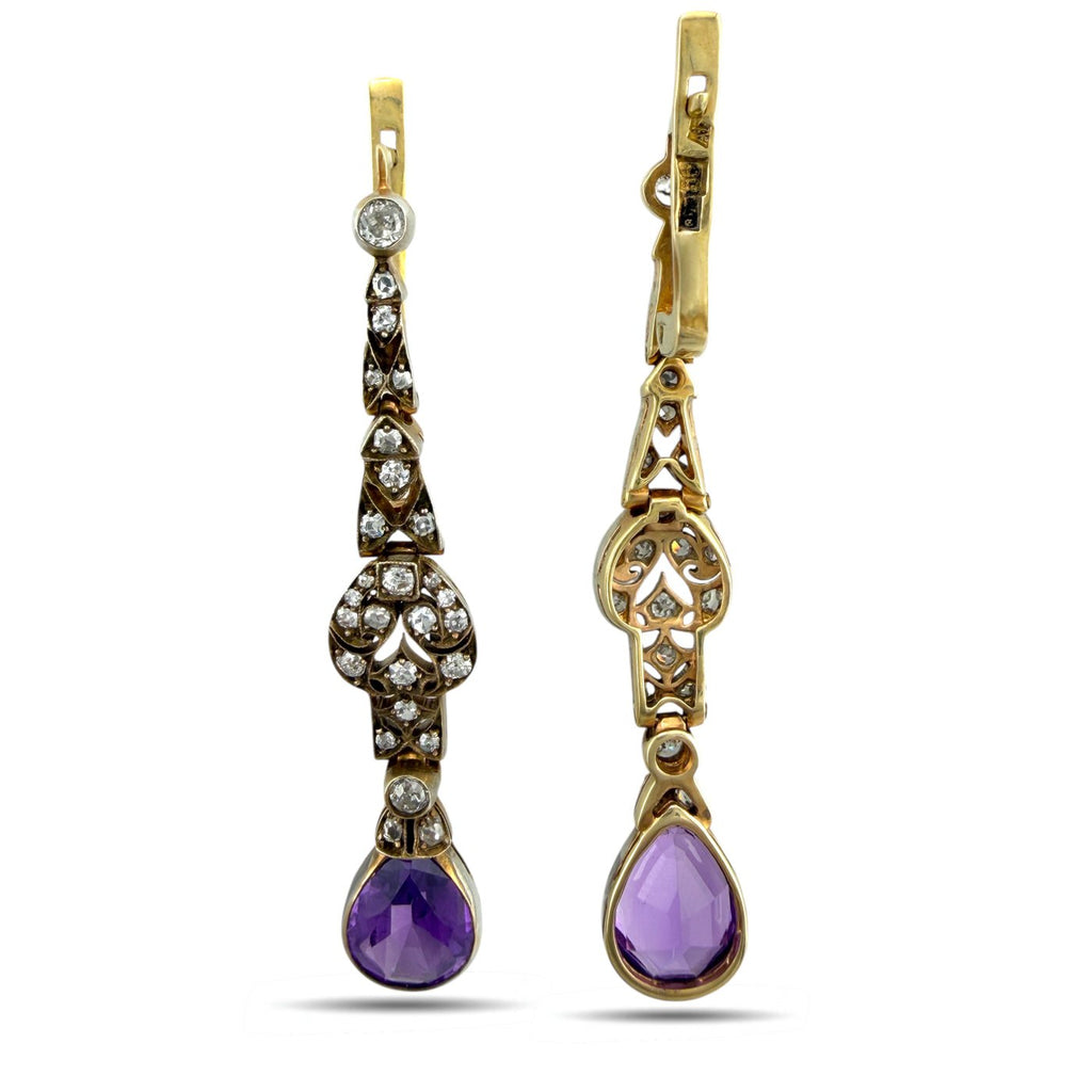 Imperial Russian 14K Yellow Gold Amethyst and 2ct Diamond Drop Earrings
