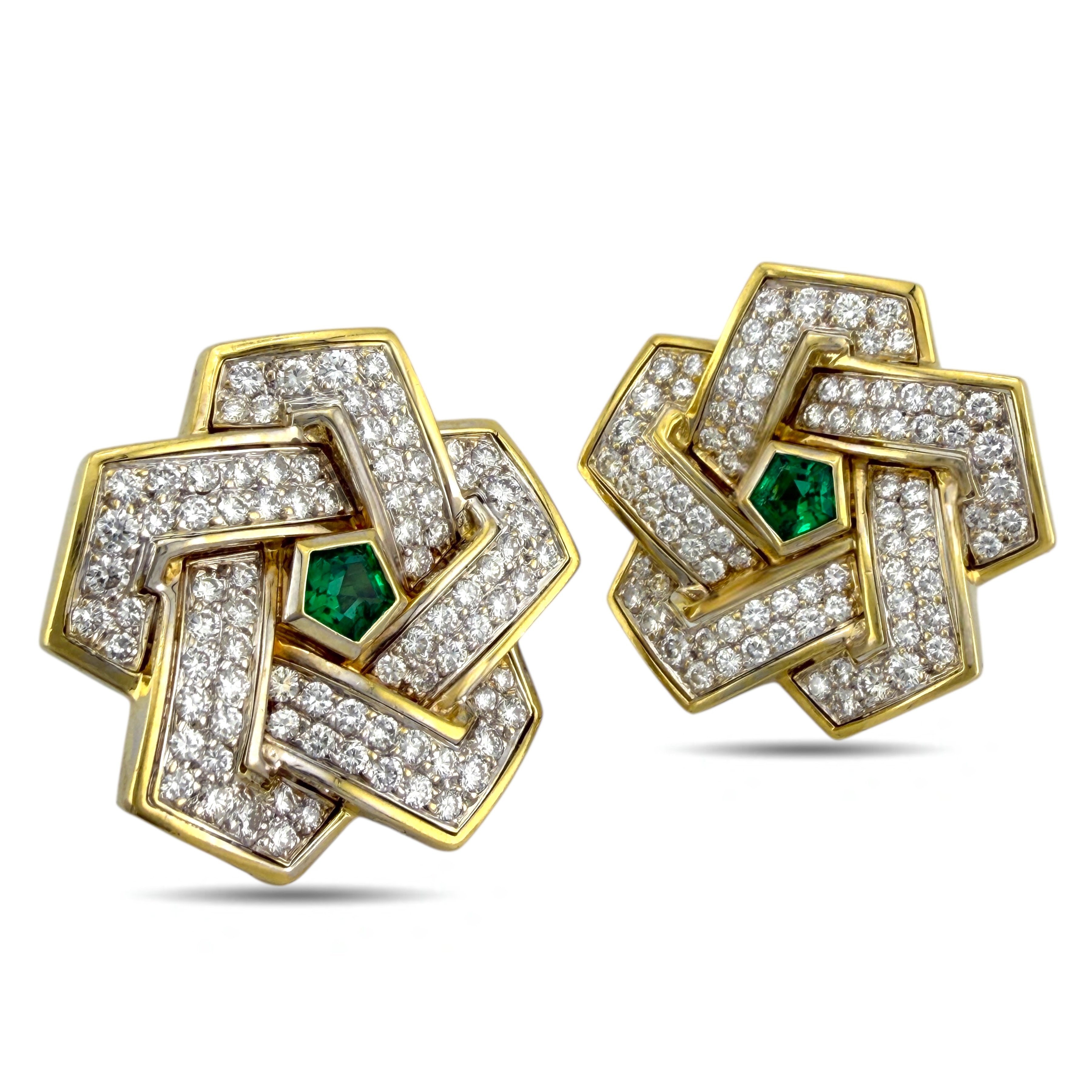 18K Yellow Gold Interlocking 7ct Diamond and Emerald Earrings