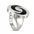 Polished spinning top ring with black yin-yang inset and engraved letters