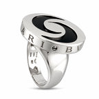 Polished spinning top ring with black yin-yang inset and engraved letters