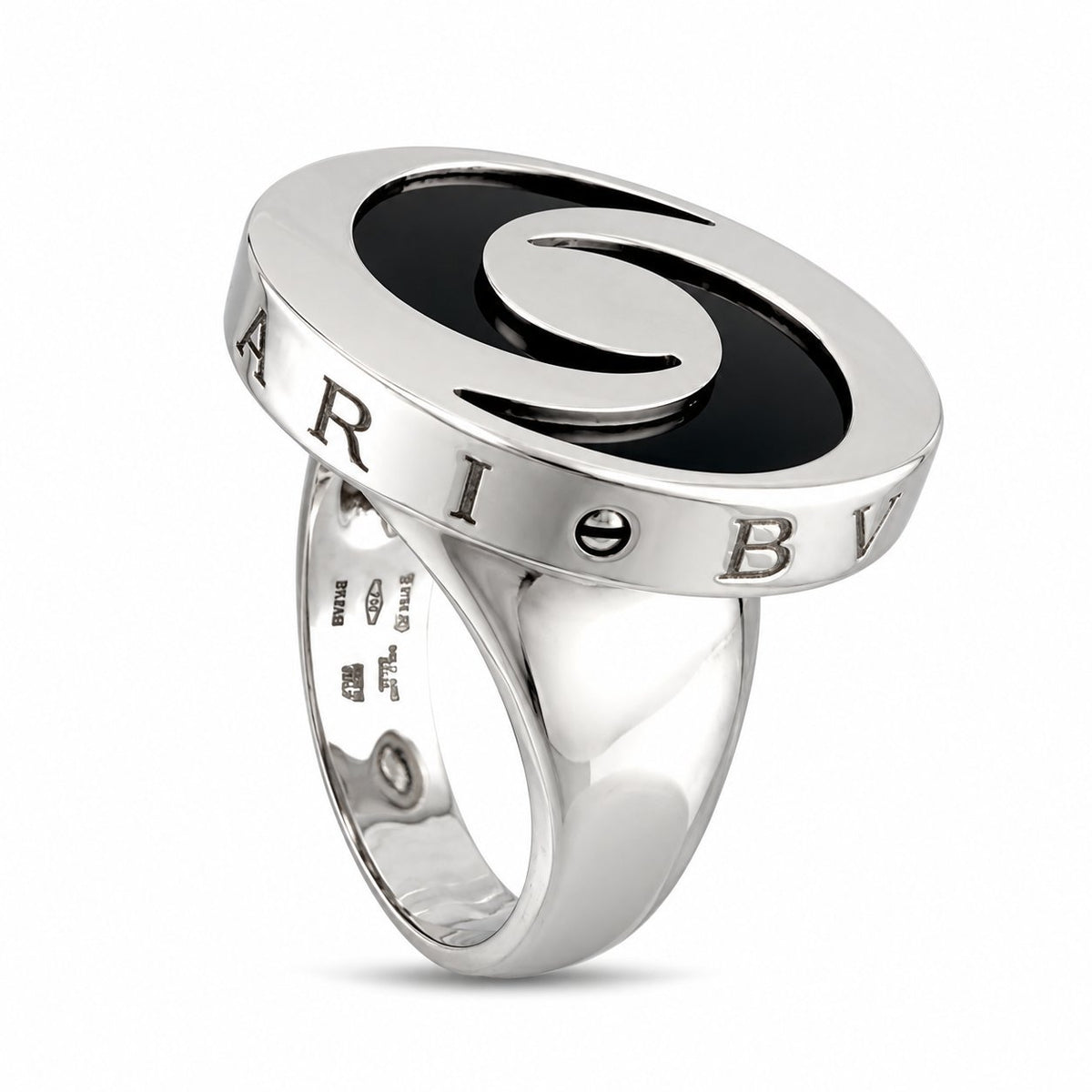 Polished spinning top ring with black yin-yang inset and engraved letters