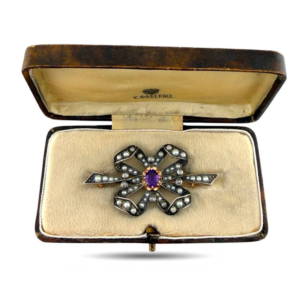 K. Faberge 56K Rose Gold Amethyst and Diamond Brooch