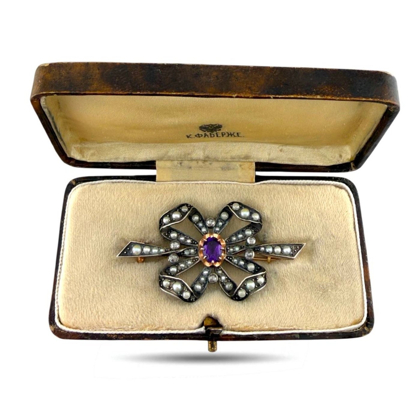 K. Faberge 56K Rose Gold Amethyst and Diamond Brooch