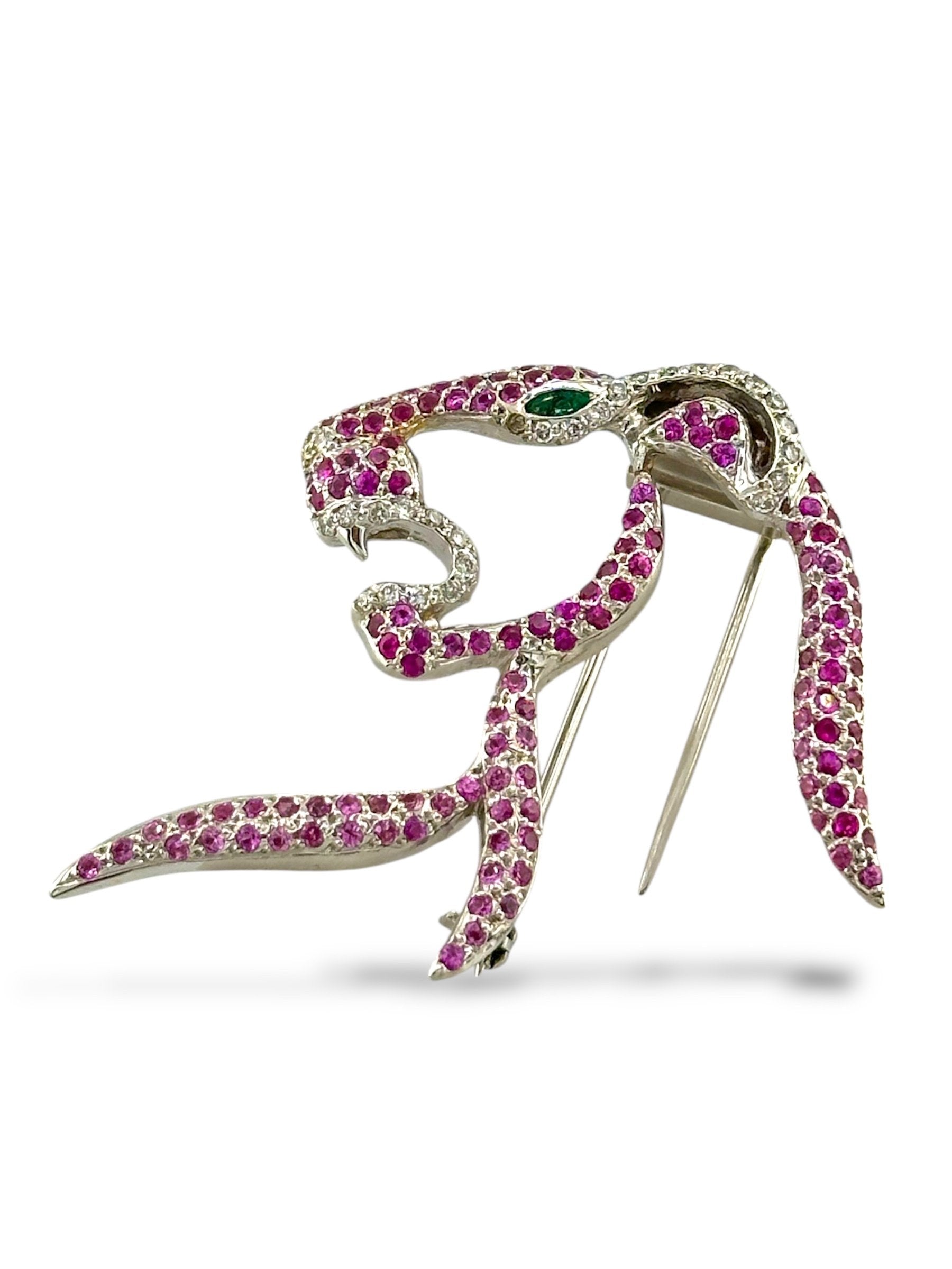 Brooch - 14 kt. Yellow gold, 14K White Gold Panther Brooch with Pink Sapphires, Diamonds & Emerald Eye -  0.4ct. tw. Diamond (Natural)