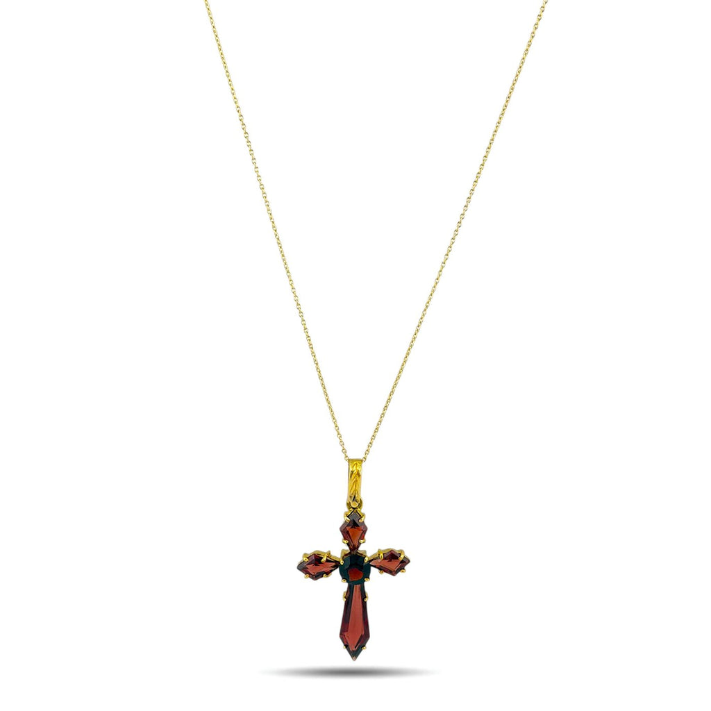 Italian 18K Yellow Gold Garnet Cross Pendant with 14K Yellow Gold Necklace, Yellow gold