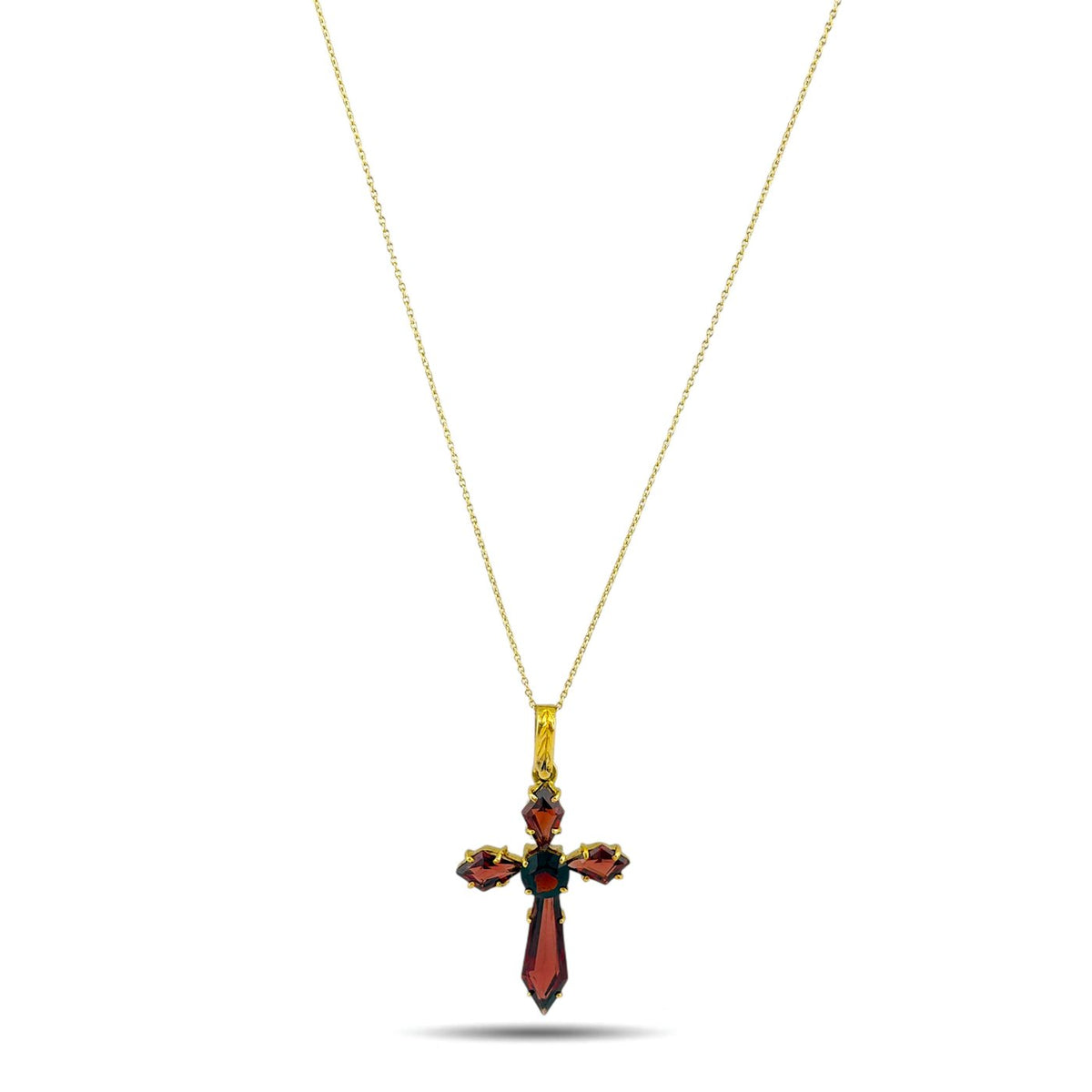 Italian 18K Yellow Gold Garnet Cross Pendant with 14K Yellow Gold Necklace, Yellow gold
