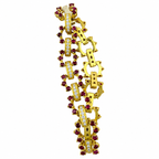 Yellow gold bracelet with diamond bar links, round ruby stones, and curved clasp