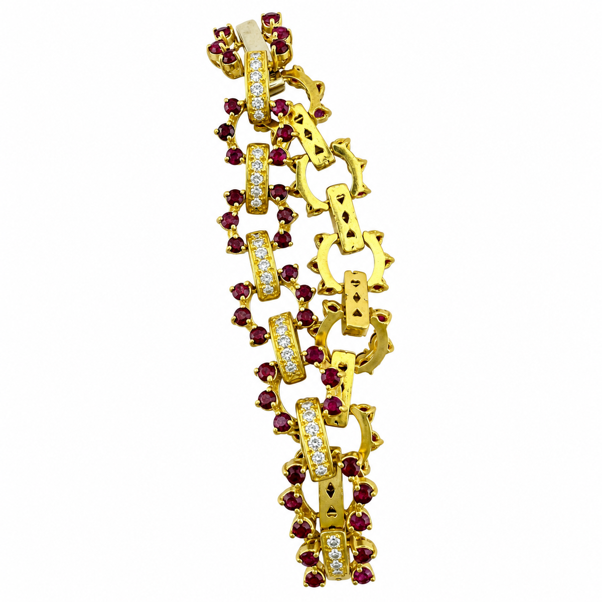 Yellow gold bracelet with diamond bar links, round ruby stones, and curved clasp