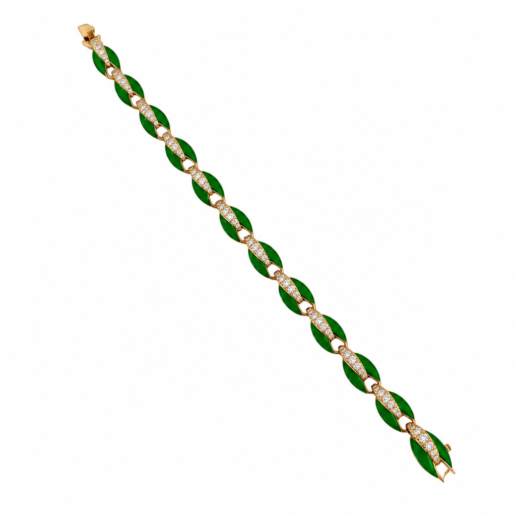Rose gold bracelet with green enamel leaf links and diamond accents, open view