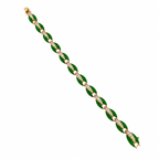 Rose gold bracelet with green enamel leaf links and diamond accents, open view