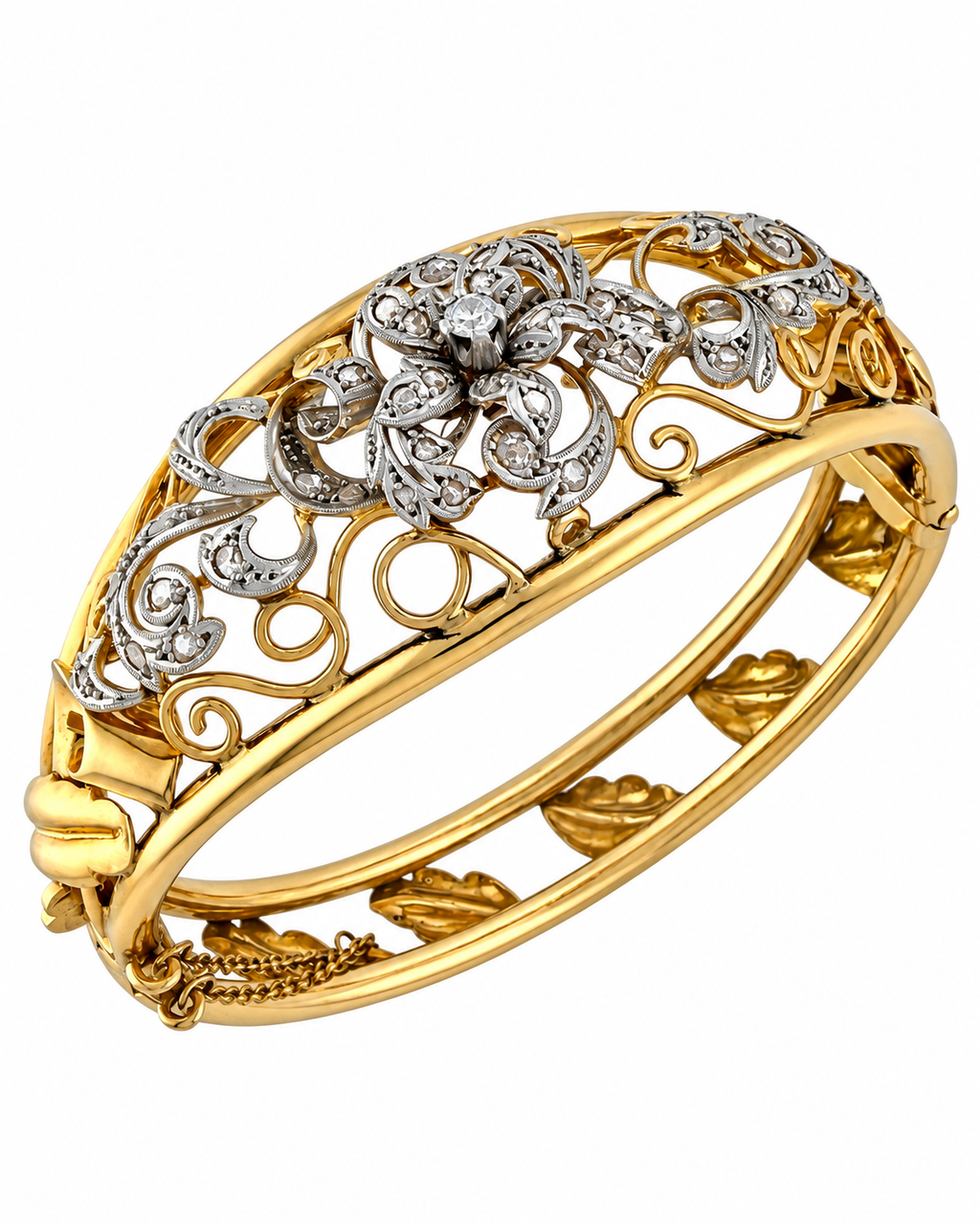 Victorian-style 18K yellow gold diamond bracelet with domed filigree panel and round diamond clusters
