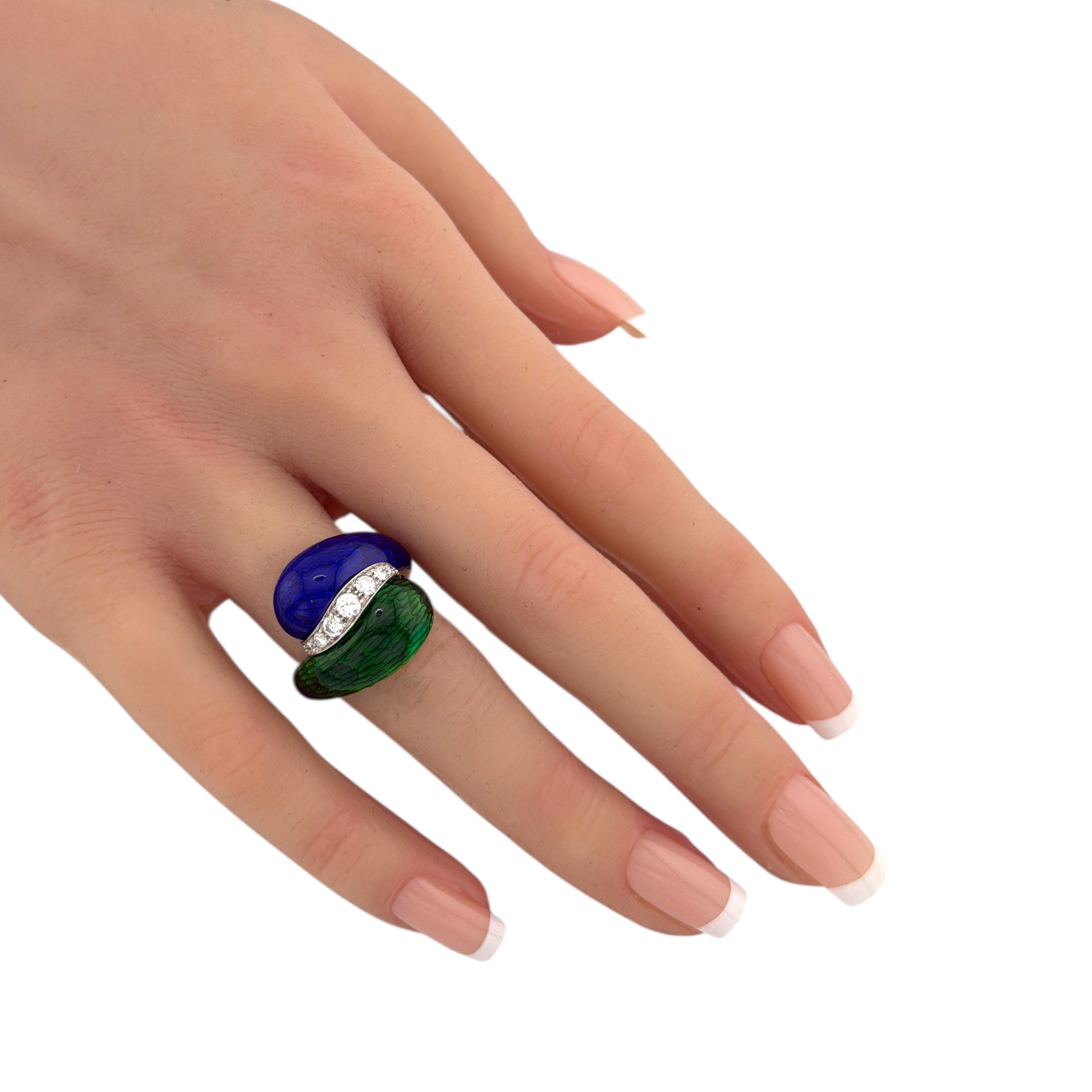 18K Yellow Gold 0.27ct Diamond, Blue, and Green Enamel Centerline Ring