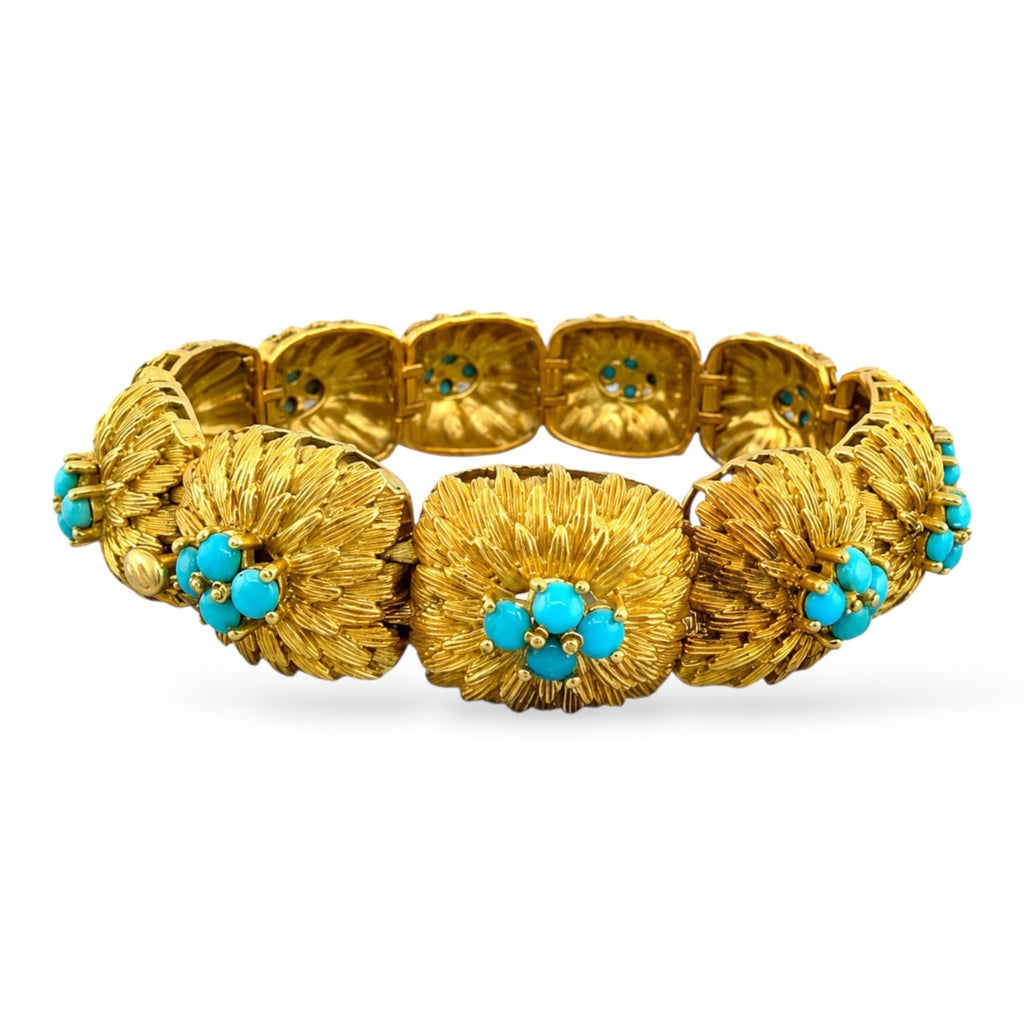 18K yellow gold turquoise bead bracelet with textured segments and small blue turquoise accents