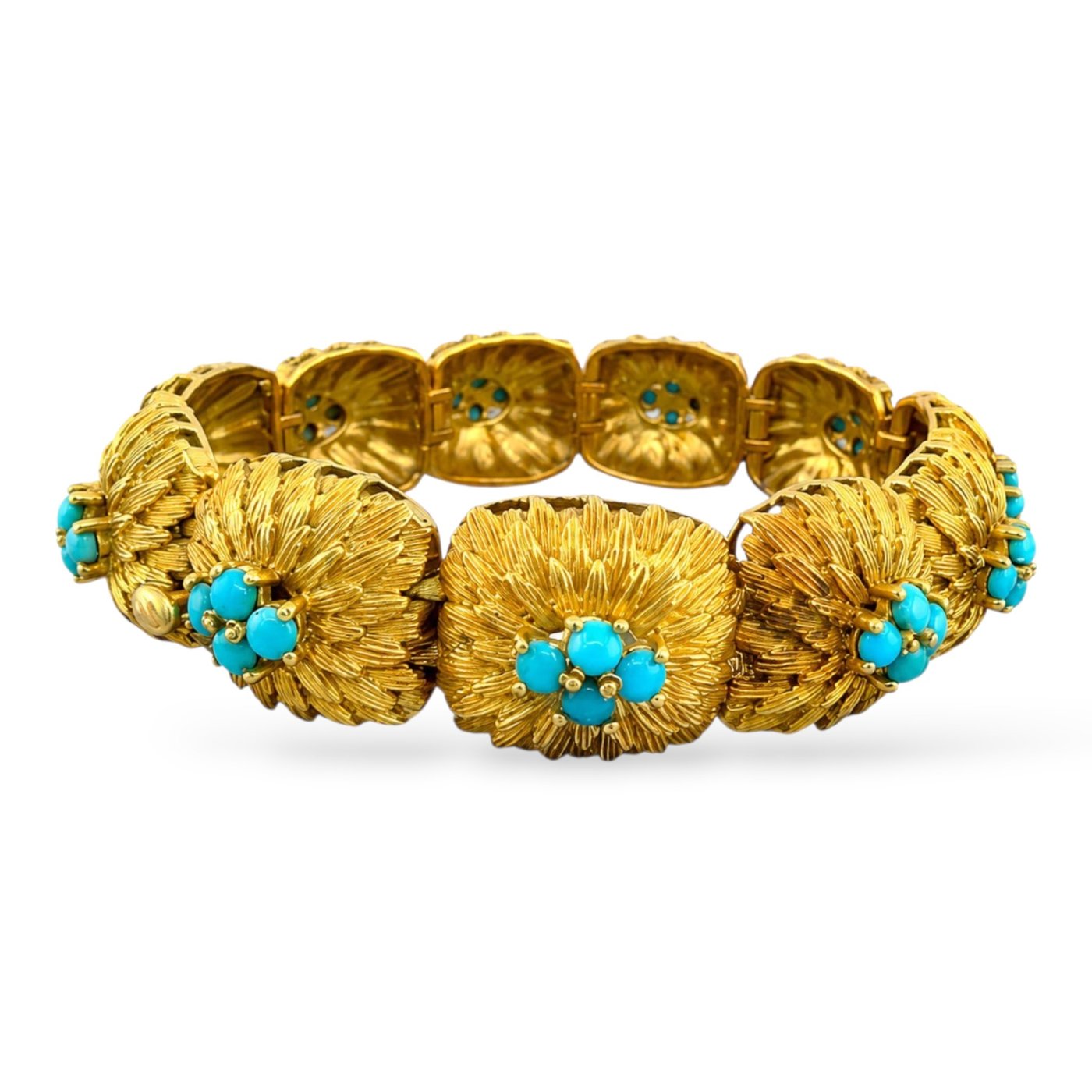 18K yellow gold turquoise bead bracelet with textured segments and small blue turquoise accents