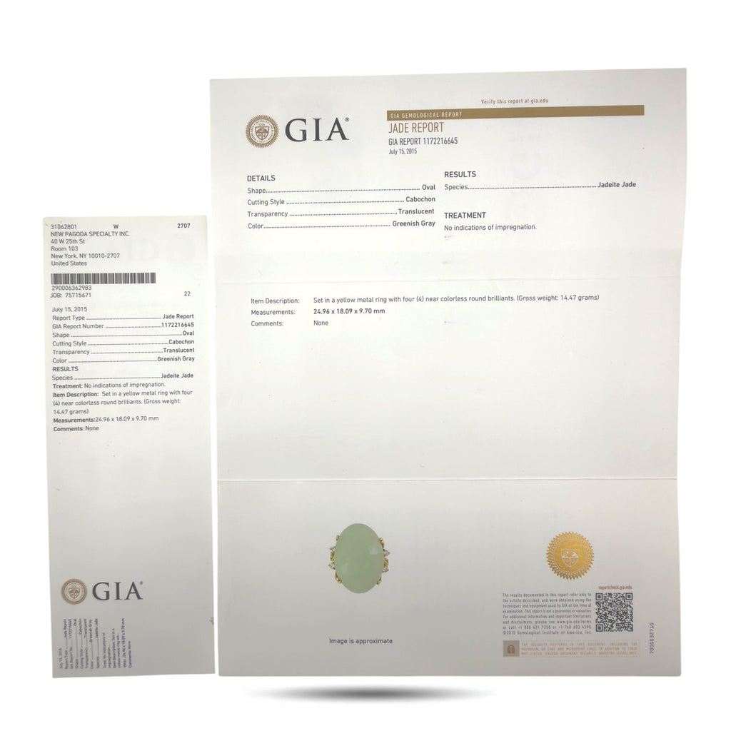 GIA Certified 14K Yellow Gold 16.0ct Jadeite Jade and Diamond Ring