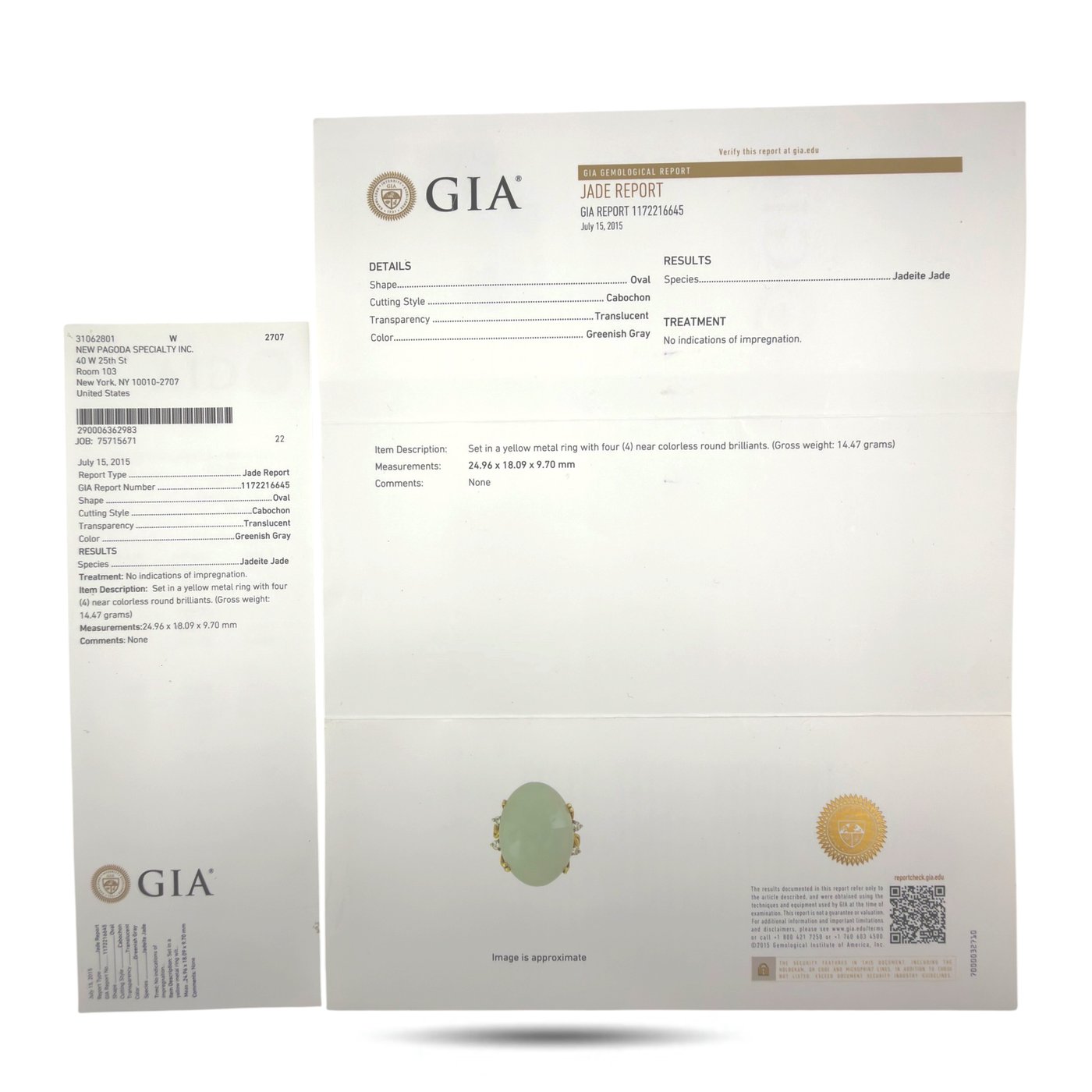 GIA Certified 14K Yellow Gold 16.0ct Jadeite Jade and Diamond Ring