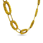 Gold oval-link long necklace with textured rings and oval clasp