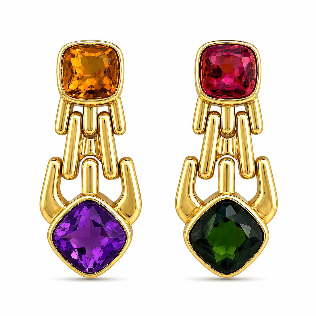 18K yellow gold clip-on cascade earrings, orange/purple and pink/green stones