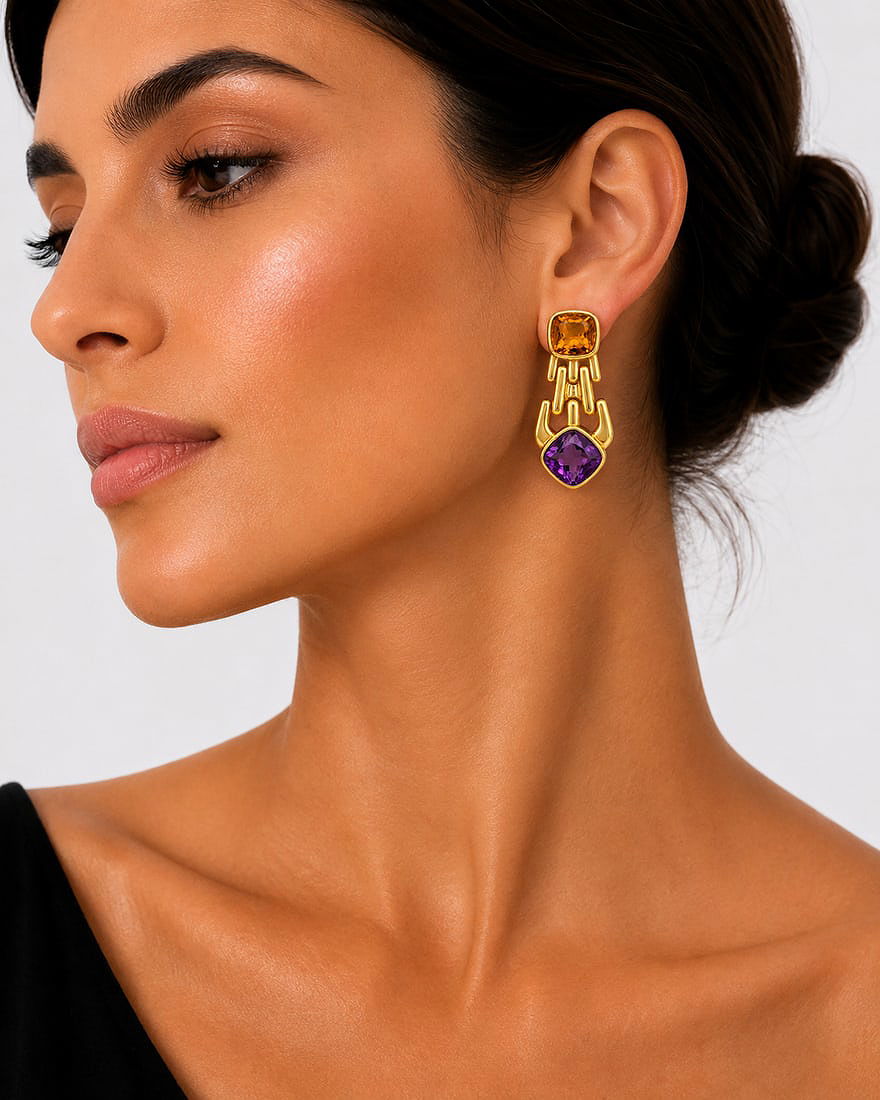 18K yellow gold clip-on earrings with orange top and purple heart-shaped drop