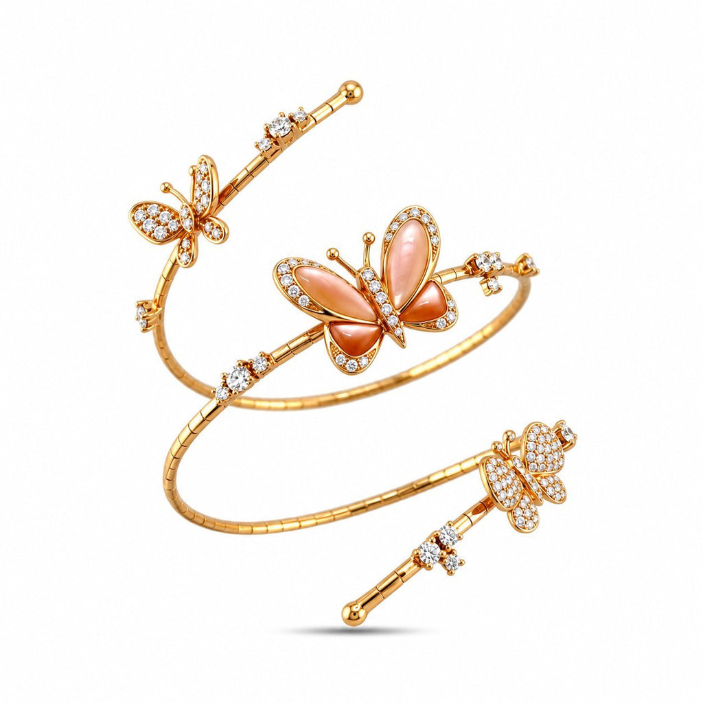Open rose gold bracelet with three butterfly motifs and diamond accents