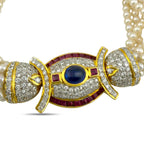 18K Yellow Gold Pearl 9.6ct Diamond, 2.4ct Rubies, and 2.5ct Cabochon Sapphire Necklace