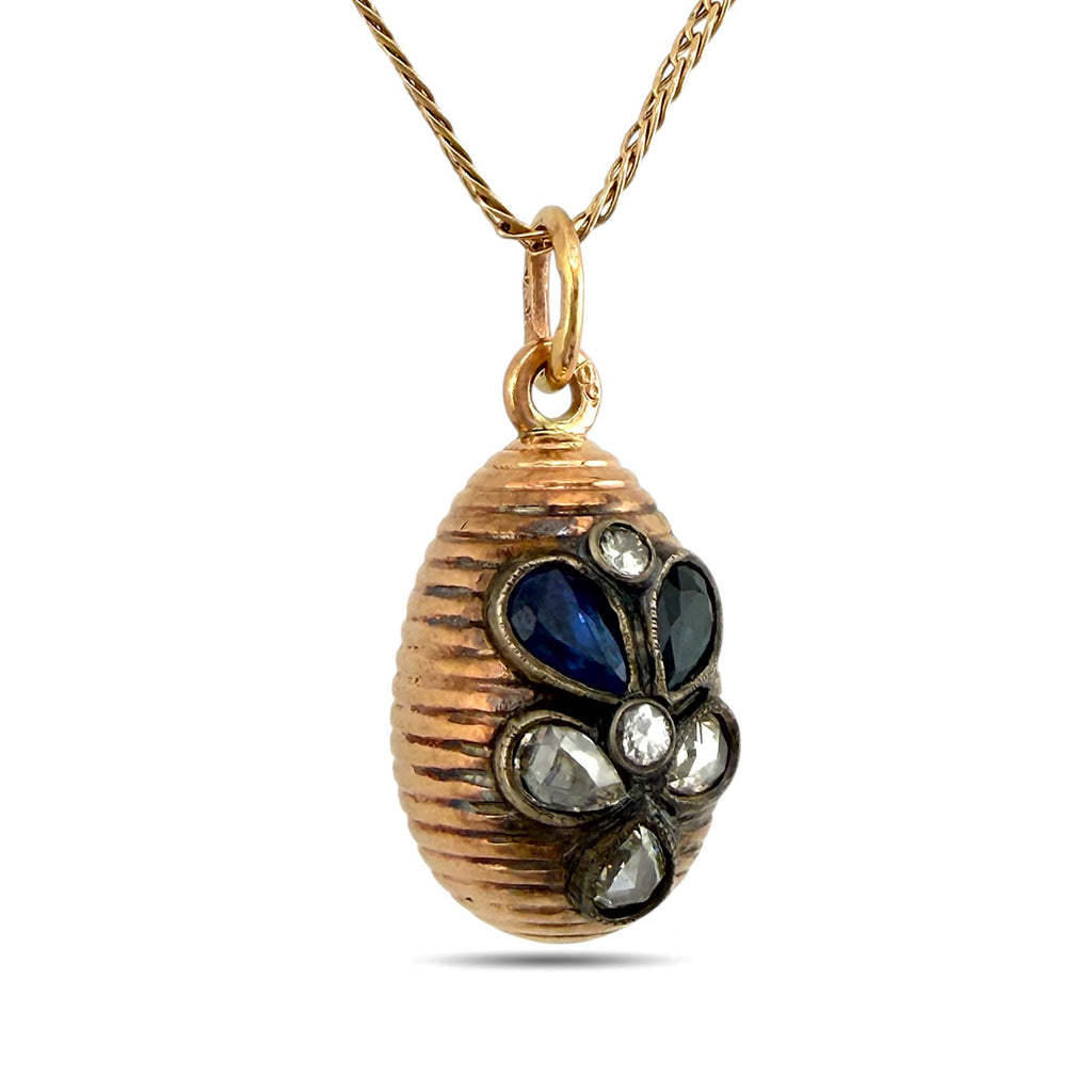 Imperial Russian Faberge 14K Rose Gold Sapphire and Diamond Egg Pendant by Michael Perkhin Diamond