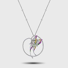 Bucherer - Necklace - 18 kt. Yellow gold, BUCHERER 18K White Gold 2.20ct Diamond, Sapphire and Tsavorite Butterfly Necklace - Ruby