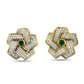 18K yellow gold earrings with interlocking diamond-set bands and green emerald center.